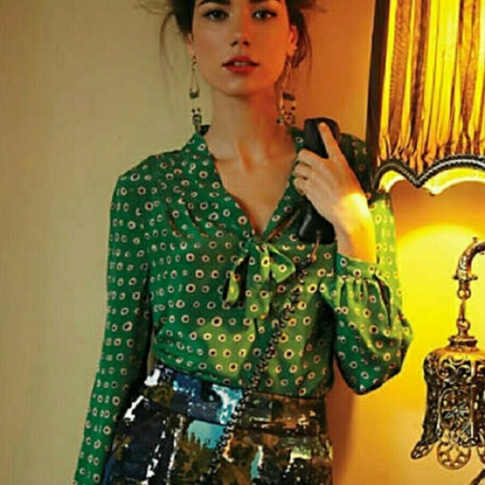 Anthropologie Green Silk Dot Long Sleeve Blouse